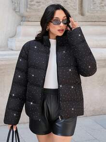 SHEIN Tall 高腰剪裁钻石细节羽绒冬季大衣 - 黑色 - 查看 6