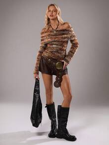 SHEIN TRNDY 1pc Women's Casual Commuter Turtleneck Off Shoulder Tight-Fitting Waist Long Sleeve Elegant Top, Brown