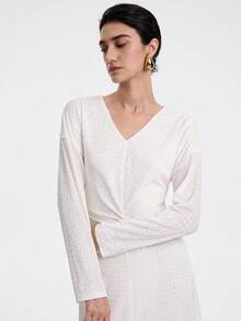 SHEIN LUNE White,Autumn,Elegant,Brunch Women's Luxurious Maxi Dress,Velvet Jacquard Leopard Spot V-Neck Long Sleeve Ruched Waist Fishtail Hem Party Wedding Gown - Beige - View 3