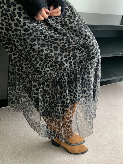 Dazy Plus Jupe évasée à taille élastique avec imprimé léopard en maille superposée, style de rue, grande taille