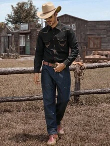 Manfinity Nomadique 男士刺绣设计单排扣休闲长袖衬衫，秋季 - 黑色 - 查看 6