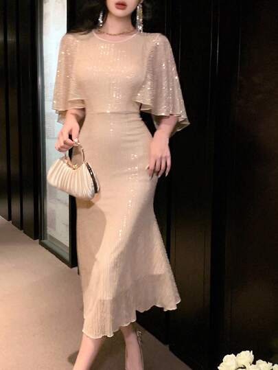 DAZY ชุดเดรสยาวปานกลางเข้ารูปทรงหางปลา คอกลม แขนระบายเลื่อมหรูหรา สำหรับผู้หญิง ชุดออกงานพรอม