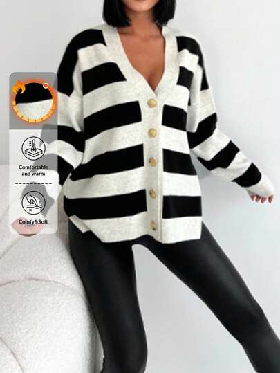 Cardigan mit Streifen Muster, Drop Shoulder