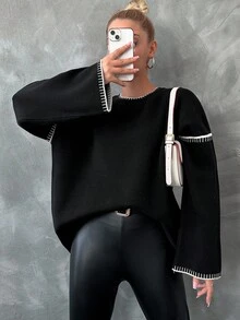 EURMUSE Contrast Trim Drop Shoulder Sweater - Black - View 3