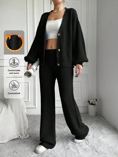 EURMUSE 2pcs Women's Solid Color Button-Front Long Sleeve Sweater And Casual Pants