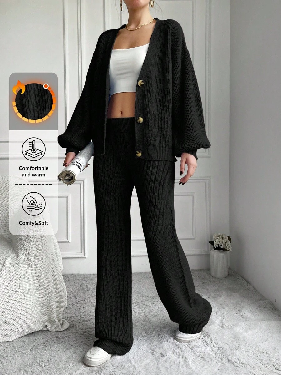 EURMUSE 2pcs Women's Solid Color Button-Front Long Sleeve Sweater And Casual Pants - Hitam - View 1