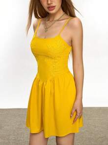 Rina Fox Women's Sexy Low-Cut Bodycon Waist Embroidered Applique Backless Camisole Mini Dress