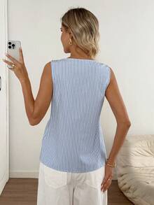 Easowa Women Asymmetrical Collar Button Decor Blue And White Striped Casual Vacation Sleeveless Shirt For Summer