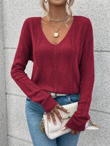 SHEIN LUNE 女式休闲V领镂空设计落肩长袖毛衣，秋冬 - 紅色 - 查看 5