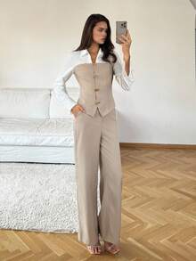 SHEIN Tall Bộ đồ hai mảnh vải lanh giả màu mơ thanh lịch và giản dị cùng quần ống đứng rộng rãi dành cho nữ / Quần áo mùa thu dành cho nữ / Trang phục đi làm / Trang phục giáo viên / Mùa tựu trường / Phong cách cổ điển / Trang phục công sở dành cho nữ / Trang phục công sở dành cho nữ - Màu Khaki - Xem 7