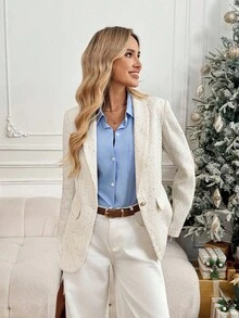 SHEIN LUNE 女士休闲宽松优雅通勤西装外套，翻领单排扣，粗花呢质地，适合秋冬季 - 杏色 - 查看 1