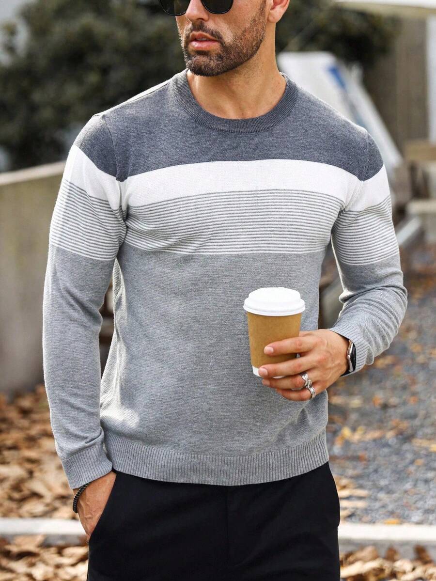 Manfinity Homme Plus Size Men Striped Crew Neck Long Sleeve Casual Sweater, Autumn/Winter - Grey - View 1