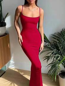 Zyxie Sukienka damska w jednolitym kolorze, dopasowana, z dekoltem syreny, elegancka, na cienkich ramiączkach