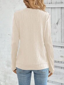 EMERY ROSE 女式圆领长袖纹理纽扣设计休闲T恤 - 杏色 - 查看 2