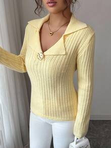Elenzga Damen Herbst/Winter Neu V-Ausschnitt Polokragen Metall Knopf Modisch Figurbetont Eleganter Damenstil Regulärer Strick Langarm Pullover - Gelb - Übersicht 3