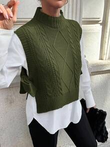 EURMUSE 女士纯色圆领侧腰系带休闲毛衣背心秋冬季 - 軍綠色 - 查看 8