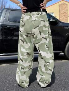 Manfinity EMRG Manfinity EMRG, American Camouflage Silhouette Curved Blade Cargo Pants, Cargo Pants, Baggy Pants ,Streetwear,Baggy,Streetwear Loose Casual Wide Leg Trousers, Hip Hop Street Style, Fall