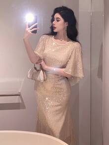 DAZY Elegant Sequin Ruffle Sleeve Round Neck Mermaid Midi Dress For Women Prom Dress Summer Women Dresses Sparkly Dress - Apricot - View 9