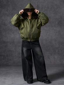 LYSMO X NEON BLANC Collab 2025 New Arrival Minimalist Fall/Winter Women's Fashionable Fur Collar Hooded Jacket, Autumn/Winter Bomber Jacket Women Women Jackets Outerwear Women Crop Jackets For Women Jacket Y2k,Christmas - Army Green - View 8