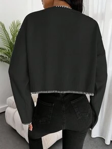 EURMUSE Lỏng lẻo phù hợp Vòng cổ Áo len Với Thả vai - màu đen - Xem 2