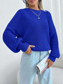 Women Solid Color Round Neck Drop Shoulder Chunky Pullover - Royal Blue - View 3