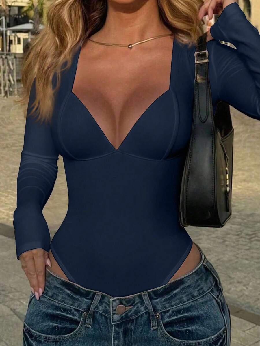 SHEIN 女式简约纯色鸡心领修身长袖连体衣,秋季 - 藏蓝色 - 查看 1