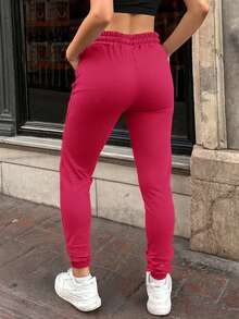 EURMUSE Text Pattern Elastic Waist & Cuffed Hem Sports Pants - Pink - View 2