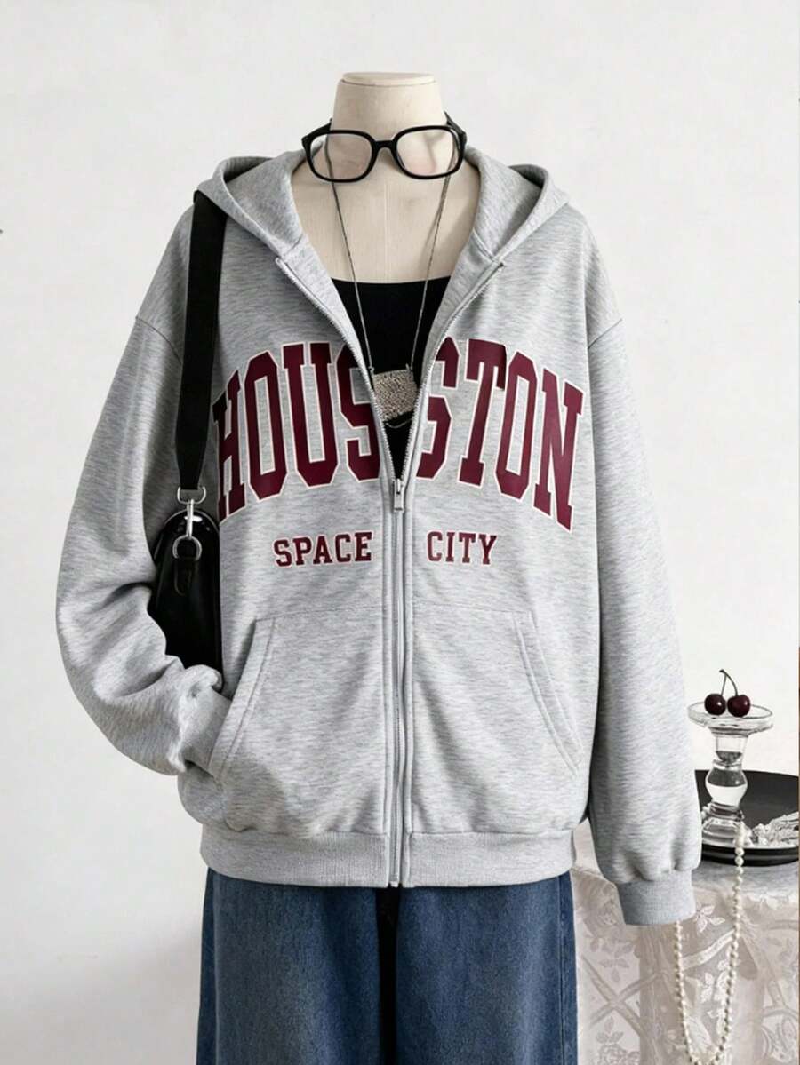 1 st tonårsflicka, avslappnad minimalistisk sweatshirtjacka med bokstavstryck och fickor, enkel streetwear-stil, oumbärlig för höst/vinter - Grå - Visa 1