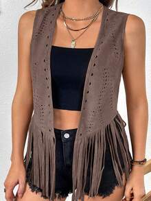 SHEIN VCAY Plus Size Women Western Style Hollow Design Fringe Hem Open Front Vest Jacket - Mocha Brown - View 4