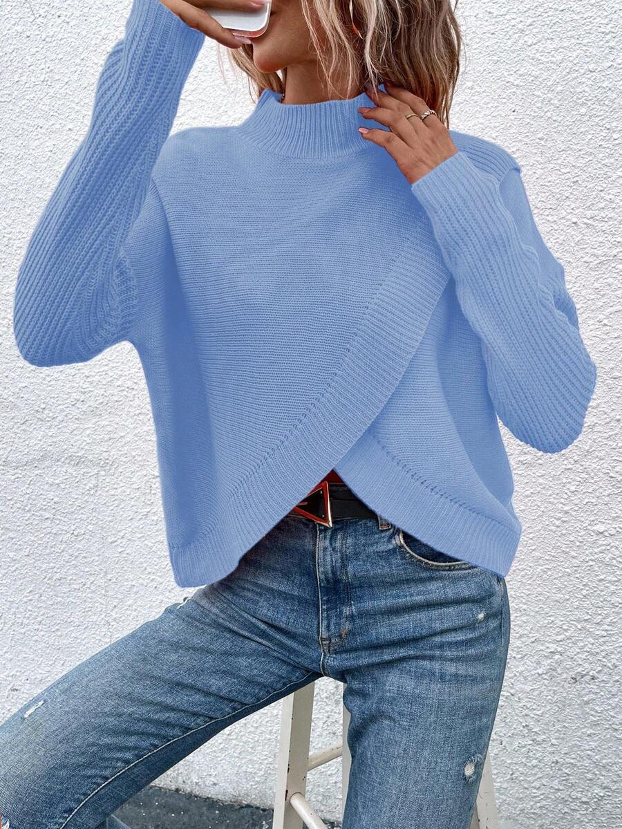 EMERY ROSE Casual Solid Color Stand Collar Wrap Sweater, Autumn/Winter - Blue - View 1