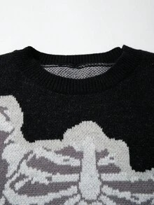 ROMWE MEN Street Life 男士骷髅印花圆领长袖休闲毛衣，秋冬，垃圾摇滚风格 - 黑色 - 查看 3