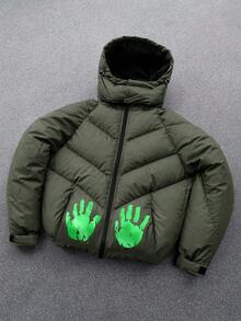 PAVTROS Men's Hooded Padded Coat With Palm Graffiti Print, Fashionable Streetwear Style Padded Coat For Autumn/Winter, Casual Daily Wear Winter Jacket Puffer Jacket Green Puffer Jacket Puffy Jacket Puffer Jacket With Hood - Army Green - View 1