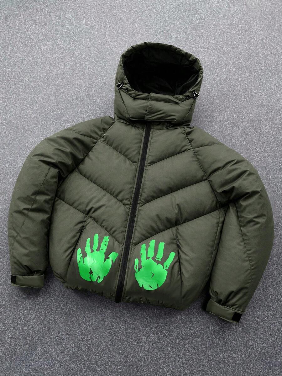PAVTROS Men's Hooded Padded Coat With Palm Graffiti Print, Fashionable Streetwear Style Padded Coat For Autumn/Winter, Casual Daily Wear Winter Jacket Puffer Jacket Green Puffer Jacket Puffy Jacket Puffer Jacket With Hood - Army Green - View 1