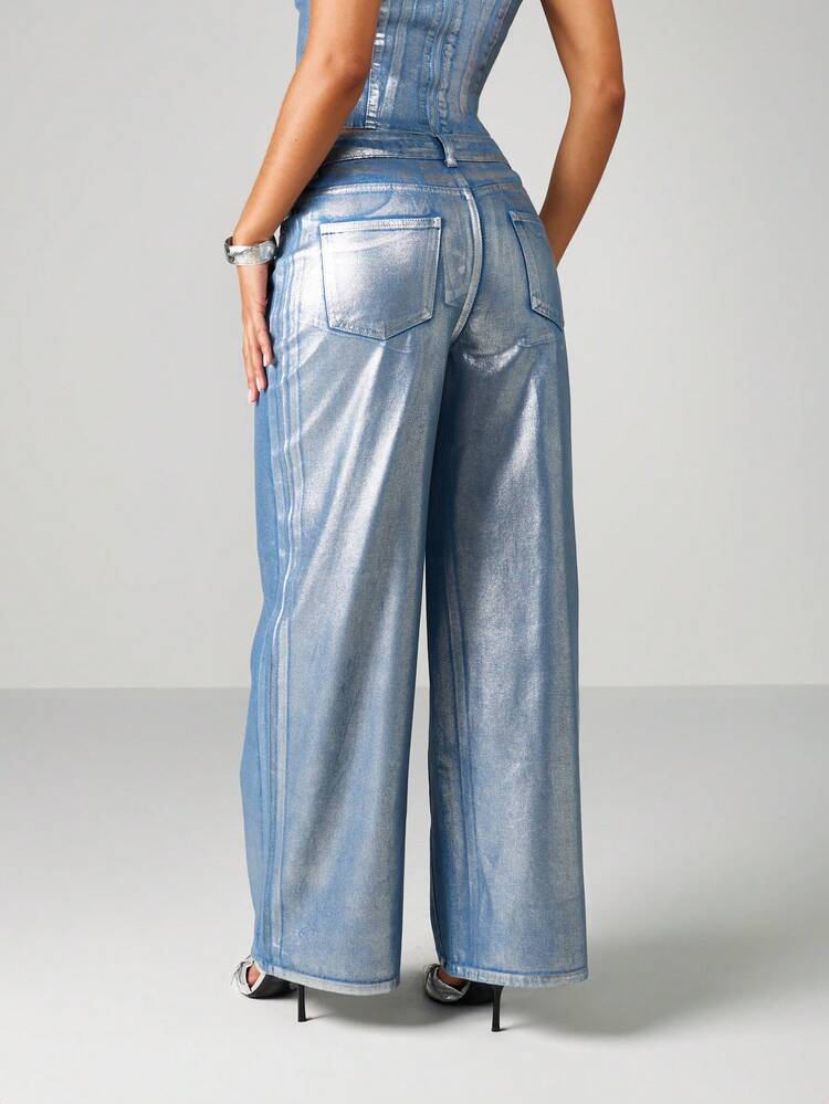 MISSGUIDED Metallic Wide Leg Denim Pants With Shiny Finish