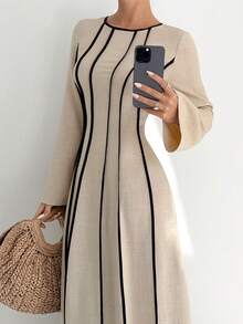 Siren Gaze 秋冬新款女士束腰拼色A字长袖连衣裙 - 杏色 - 查看 3