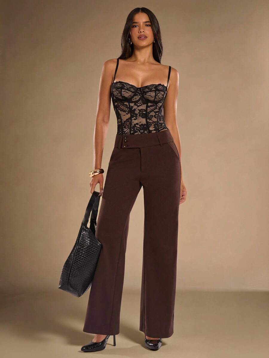 SHEIN BAE 女士休闲通勤纯色斜口袋直筒裤 - 咖啡棕 - 查看 1