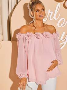 Loomaby 优雅纯色露肩孕妇派对衬衫，3D花卉装饰 - 粉色 - 查看 6