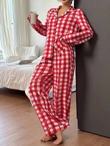 SHEIN Bộ đồ ngủ dài tay in nơ kẻ caro và quần dài cho nữ, trang phục thu đông, Giáng sinh - Đỏ - Xem 3