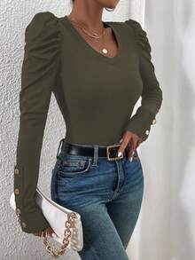 EMERY ROSE Casual Solid Color Puff Sleeve Fitted T-Shirt, Autumn - Green - View 3