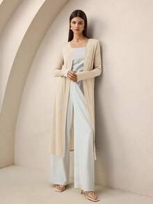 BizChic 女式秋季长款开衫毛衣，前开长袖针织中长外套，简约时尚办公室/商务休闲装 - 杏色 - 查看 7