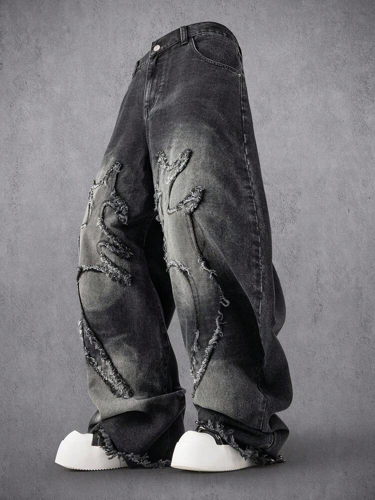 Manfinity Denimwave Jeans de pierna ancha con dobladillo deshilachado, bordado y lavado, estilo vintage americano personalizado para uso diario versátil, diseño holgado para hombres - Negro - Añade 1