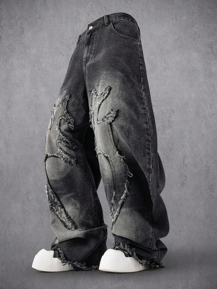 Manfinity Denimwave 复古美式个性化毛边高街刺绣水洗宽松筒状牛仔裤，百搭日常穿着设计男士宽松牛仔裤 - 黑色 - 查看 1