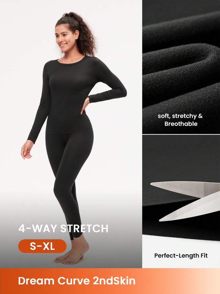 Conjunto de ropa interior térmica para mujer, capa base ultra suave para clima frío, pijama de invierno cálido con parte superior de cuello redondo y pantalones largos - Conjunto ligero y cálido en color negro