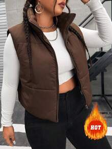 SHEIN EZwear Plus Size Solid Casual Zip Up Vest Winter Coat - Coffee Brown - View 1