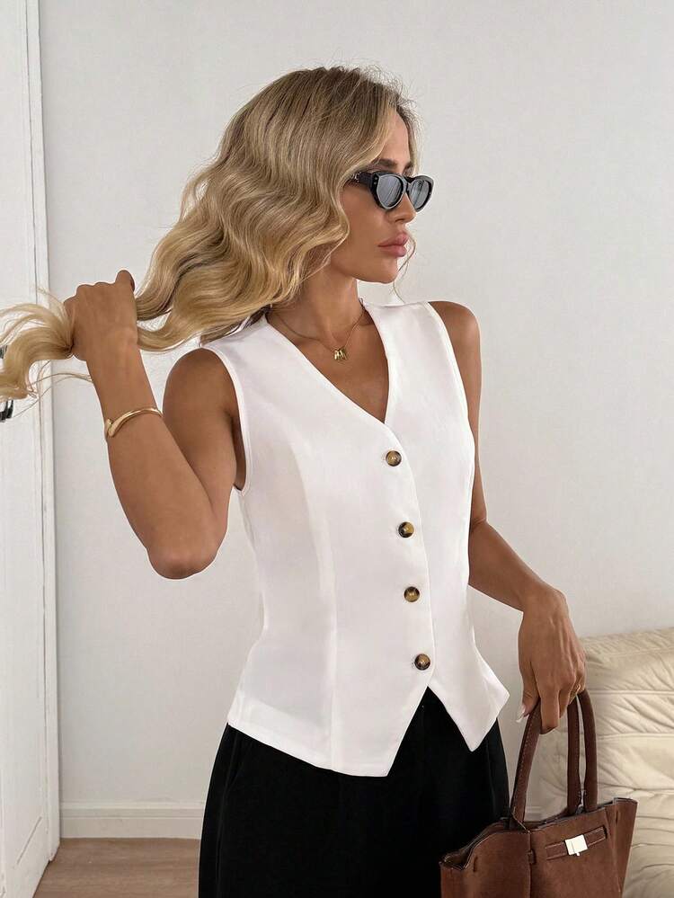 Damska marynarka bez rękawów w jednolitym kolorze, zapinana z przodu na guziki, na jesień/zimę