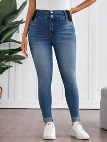 SHEIN Jeans de maternité décontracté slim fit lavés - Bleu azur - Voir 8