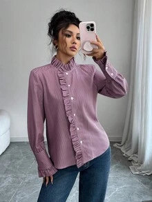 SHEIN Elenzya 女式中式立领条纹荷叶边复古风格衬衫，秋冬 - 中紫紅色 - 查看 4