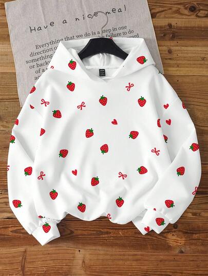 SHEIN EZwear 休闲简约圆领草莓蝴蝶结印花可爱短袖宽松T恤，适合夏季、海滩度假、毕业季、Y2K风格、夏季休闲上衣、街头潮流、复古风、返校季