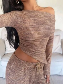 Aloruh Women's Asymmetric Hem Casual Fashion Long Sleeve Asymmetrical Shoulder T-Shirt - Brown - View 5