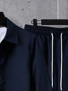 Manfinity Homme Men's Solid Color Long Sleeve Single-Breasted Shirt And Pants Casual 2 Pieces Set, Autumn Men Navy Blue 2 Piece Set Mens Co Ord Set Men 2 Piece Set Men Casual Sets Men Long Sleeve 2 Piece Set